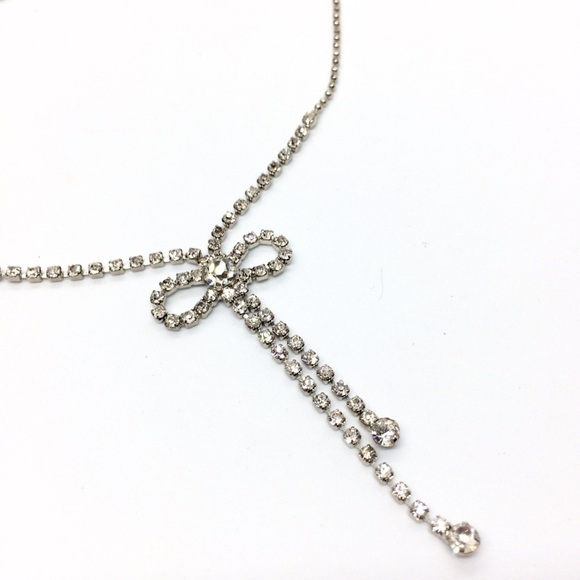 3/$30 BOW RIBBON RHINESTONE SILVER TONE DAINTY NECKLACE - Picture 8 of 10